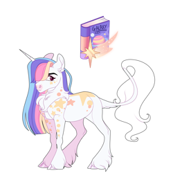 Size: 1900x1900 | Tagged: safe, artist:uunicornicc, oc, oc only, classical unicorn, pony, unicorn, book, cloven hooves, female, horn, leonine tail, magical lesbian spawn, mare, offspring, parent:rainbow dash, parent:twilight sparkle, parents:twidash, simple background, solo, tail, unicorn oc, unshorn fetlocks, white background