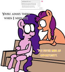 Size: 3023x3351 | Tagged: safe, artist:professorventurer, pipp petals, sunny starscout, earth pony, pegasus, pony, series:ask pippamena, g5, bipedal, chest fluff, compliment, couch, dialogue, female, high res, lesbian, looking at each other, looking at someone, pippamena, pregnant, primrose petals, ship:petalscout, shipping, sitting, smiling