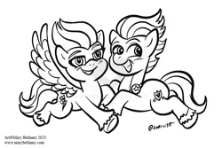 Size: 756x504 | Tagged: safe, artist:marybellamy, hitch trailblazer, zipp storm, earth pony, pegasus, pony, g5, my little pony: make your mark, black and white, chibi, duo, duo male and female, eyebrows, female, grayscale, grin, lineart, looking offscreen, male, mare, monochrome, patreon, patreon reward, signature, simple background, smiling, spread wings, stallion, watermark, white background, wings