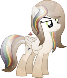 Size: 1026x1200 | Tagged: safe, artist:meteor-spark, editor:php178, oc, oc only, oc:typhoon, pegasus, pony, background removed, brown mane, brown tail, confident, crystallized, eyebrows, female, folded wings, green eyes, highlights, mare, milestone, multicolored hair, pegasus oc, rainbow hair, rainbow stripes, rainbow tail, raised eyebrow, simple background, smiling, solo, tail, transparent background, watermark, wings