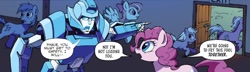 Size: 636x184 | Tagged: safe, artist:caseycoller, idw, angel wings, pinkie pie, earth pony, pegasus, pony, g4, spoiler:friendship in disguise02, autobot, comic, female, gauge (autobot), mare, transformers