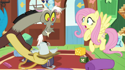 Size: 1280x720 | Tagged: safe, screencap, discord, fluttershy, draconequus, pegasus, pony, dungeons and discords, g4, fluttershy's cottage, fluttershy's cottage (interior)
