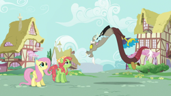 Size: 1920x1080 | Tagged: safe, screencap, discord, fluttershy, tree hugger, draconequus, earth pony, pegasus, pony, g4, make new friends but keep discord, female, male, mare, ponyville, smiling