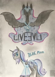 Size: 2865x3956 | Tagged: safe, artist:gracefulart693, nightmare moon, oc, oc:blue moon, alicorn, pony, g4, bust, butt, duo, female, helmet, high res, mare, parent:nightmare moon, plot, spread wings, traditional art, wings