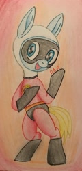 Size: 1627x3401 | Tagged: safe, artist:gracefulart693, oc, oc:finn the pony, earth pony, pony, bipedal, clothes, costume, crossover, male, mask, smiling, stallion, the incredibles, traditional art