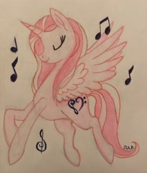 Size: 3024x3557 | Tagged: safe, artist:gracefulart693, oc, oc only, alicorn, pony, alicorn oc, eyes closed, female, high res, horn, mare, music notes, solo, spread wings, traditional art, wings