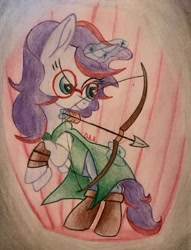 Size: 3024x3949 | Tagged: safe, artist:gracefulart693, oc, oc only, pony, unicorn, arrow, boots, bow (weapon), bow and arrow, clothes, female, glasses, glowing, glowing horn, high res, horn, looking back, magic, mare, rearing, shoes, telekinesis, traditional art, unicorn oc, weapon
