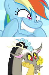 Size: 680x1042 | Tagged: safe, anonymous artist, edit, discord, rainbow dash, draconequus, g4, cute, discute, duo, faic, funny, funny face, grin, lip bite, simple background, smiling, white background