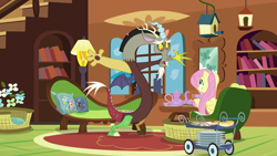 Size: 1280x720 | Tagged: safe, screencap, discord, fluttershy, draconequus, pegasus, pony, discordant harmony, g4, bird house, couch, cup, duo, female, fluttershy's cottage, fluttershy's cottage (interior), food, male, mare, pillow, sandwich, sitting, teacup, teapot