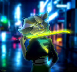 Size: 5300x5000 | Tagged: safe, artist:whatamellon, oc, oc only, oc:shine bite, anthro, absurd resolution, big eyes, blurry background, city, clothes, colored pupils, cyberpunk, ears up, eyebrows, eyes open, female, glowing, half body, hand, jacket, katana, light, looking at you, looking back, multicolored hair, night, night city, ponytail, raised hand, rear view, rolled up sleeves, shirt, short hair, shoulder belts, smiling, smiling at you, solo, sword, t-shirt, weapon, wind