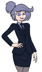 Size: 1280x2188 | Tagged: safe, artist:moonatik, oc, oc only, oc:selenite, human, business suit, clothes, colored sketch, eyeshadow, hand on hip, humanized, humanized oc, light skin, makeup, necktie, pencil skirt, simple background, skirt, smiling, solo, suit, white background