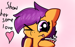 Size: 2552x1606 | Tagged: safe, artist:just loq, scootaloo, pegasus, pony, g4, :p, cute, cutealoo, floating heart, food, heart, kfc, looking at you, one eye closed, scootachicken, scootalove, solo, text, tongue out, wink, winking at you