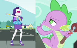 Size: 850x535 | Tagged: safe, edit, edited screencap, screencap, rarity, spike, human, a dog and pony show, equestria girls, fomo, g4, my little pony equestria girls: better together, armpits, arms in the air, bare shoulders, clothes, dress, duo, duo male and female, female, funny, hands in the air, hilarious, male, rarity peplum dress, sleeveless, sleeveless dress