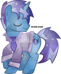 Size: 1024x1241 | Tagged: dead source, safe, artist:meteor-spark, oc, oc only, oc:midnight, pony, unicorn, blue mane, blue tail, clothes, crystallized, cuffs (clothes), eyes closed, horn, lightning, male, necktie, raised hoof, shield, shirt, simple background, smiling, solo, source in the description, sparkles, stallion, suit, tail, transparent background, two toned hair, two toned mane, two toned tail, unicorn oc, watermark