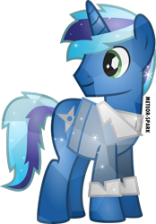 Size: 1024x1468 | Tagged: dead source, safe, artist:meteor-spark, oc, oc only, oc:shadow, pony, unicorn, clothes, crystallized, green eyes, horn, looking back, male, shirt, simple background, smiling, solo, source in the description, sparkles, stallion, suit, tail, transparent background, two toned hair, two toned mane, two toned tail, unicorn oc, watermark