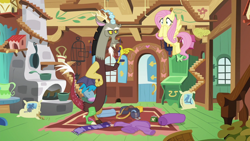 Size: 1280x720 | Tagged: safe, screencap, discord, fluttershy, draconequus, pegasus, pony, dungeons and discords, g4, blushing, clothes, discord is not amused, duo, fluttershy's cottage, fluttershy's cottage (interior), hand on hip, scarf, unamused