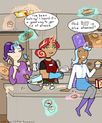Size: 1280x1536 | Tagged: safe, artist:deppartesuoh, starlight glimmer, sunset shimmer, trixie, human, g4, ask-my-little-humans, baking, boots, bread, egg, female, food, high heel boots, horn, horned humanization, humanized, kitchen, magic, oven mitts, pie, shoes, telekinesis, trio
