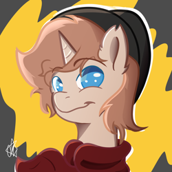 Size: 1800x1800 | Tagged: safe, artist:ermecg, oc, oc:harry cog, pony, unicorn, colored lineart, ear fluff, eyes open, hat, horn, simple background, smiling, solo, unicorn oc