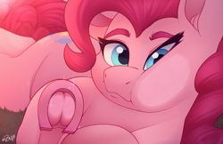 Size: 2570x1666 | Tagged: safe, artist:rivin177, pinkie pie, earth pony, pony, g4, against glass, blue eyes, bokeh, breaking the fourth wall, carpet, cheek bulge, cheek squish, cute, diapinkes, female, fourth wall, frog (hoof), glass, hoof shoes, looking at you, lying down, mare, prone, raised hoof, smiling, solo, squishy cheeks, underhoof