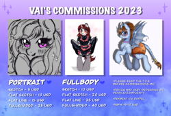 Size: 2616x1772 | Tagged: safe, artist:vaiola, oc, oc only, pegasus, pony, unicorn, advertisement, blushing, bust, clothes, commission, commission info, commissions open, cute, diaper, eyebrows, female, full body, head only, horn, long mane, mare, non-baby in diaper, poofy diaper, portrait, price list, price sheet, prices, sexy, smiling, text, watermark, wings