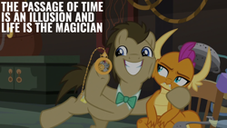 Size: 1920x1080 | Tagged: safe, edit, edited screencap, editor:quoterific, screencap, doctor whooves, smolder, time turner, a horse shoe-in, g4, doctor who, twelfth doctor