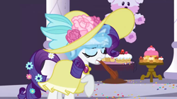 Size: 1920x1073 | Tagged: safe, screencap, rarity, g4, sweet and elite, clothes, dress, hat, piñata, solo, stick