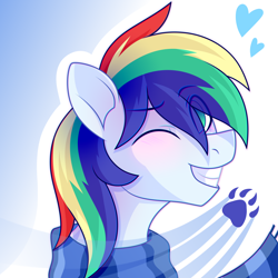 Size: 2500x2500 | Tagged: safe, artist:stesha, oc, oc only, oc:manti'core, pegasus, pony, blushing, bust, clothes, cute, eye clipping through hair, eyebrows, eyebrows visible through hair, gradient background, green eyes, heart, high res, looking at you, male, multicolored mane, one eye closed, paws, pegasus oc, portrait, scarf, simple background, smiling, smiling at you, solo, stallion, striped scarf, wink, winking at you