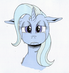 Size: 1202x1280 | Tagged: safe, artist:darkhestur, trixie, pony, unicorn, g4, bust, crying, depressed, female, looking at you, mare, marker drawing, sad, simple background, solo, the sad and depressive trixie, traditional art