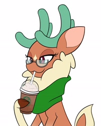 Size: 2368x2945 | Tagged: safe, artist:mrneo, cashmere (tfh), deer, reindeer, them's fightin' herds, clothes, cloven hooves, community related, drinking, frappuccino, glasses, high res, scarf, simple background, solo, starbucks, white background