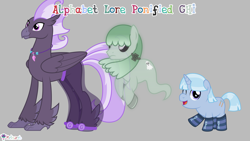 Size: 7111x4000 | Tagged: safe, artist:melisareb, part of a set, ghost, ghost pony, hippogriff, pony, unicorn, .svg available, 16:9, absurd resolution, alphabet lore, clothes, crossover, floating, g, glowing, glowing eyes, gray background, h, happy, hippogriffied, i, jewelry, looking at you, male, necklace, one eye closed, open mouth, ponified, raised hoof, shoes, simple background, socks, species swap, stallion, striped socks, trio, trio male, vector, windswept mane, wings, wink, winking at you