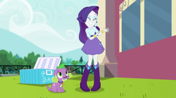 Size: 1280x717 | Tagged: safe, screencap, rarity, spike, spike the regular dog, dog, human, equestria girls, equestria girls specials, g4, my little pony equestria girls: dance magic, boots, clothes, duo, legs, shoes, skirt, waving