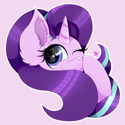 Size: 800x800 | Tagged: safe, artist:kathepart, starlight glimmer, pony, unicorn, g4, big ears, big eyes, female, looking at you, mare, one eye closed, pink background, signature, simple background, smiling, smiling at you, solo, wink, winking at you