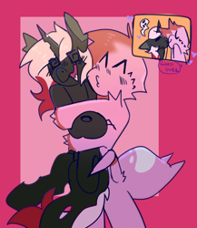 Size: 2000x2300 | Tagged: safe, artist:goblinkimg, oc, oc only, oc:heartstring fiddler, oc:viviana, changeling, changeling oc, duo, good girl, high res, kiss on the lips, kissing, non-pony oc, pink background, pink changeling, pink spider, shipping, simple background, spider oc