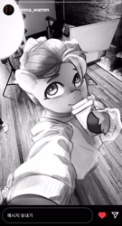 Size: 1500x2784 | Tagged: safe, artist:maren, sunny starscout, earth pony, pony, g5, coffee, coffee cup, cup, female, mare, monochrome, selfie, solo, unshorn fetlocks, voice actor joke