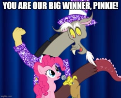 Size: 617x499 | Tagged: safe, artist:mlp-silver-quill, discord, pinkie pie, draconequus, pony, g4, caption, duo, female, image macro, imgflip, male, microphone, ship:discopie, shipping, straight, text
