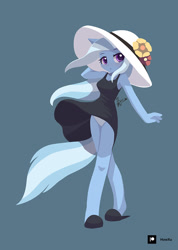 Size: 711x1000 | Tagged: safe, artist:howxu, trixie, unicorn, anthro, g4, breasts, clothes, dress, female, hat, panties, sandals, simple background, skirt, solo, sun hat, tail, underwear, upskirt, white underwear, windswept hair, windswept tail
