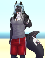 Size: 2550x3300 | Tagged: safe, artist:askbubblelee, oc, oc only, oc:mako, orca, orca pony, original species, anthro, digitigrade anthro, anthro oc, beach, clothes, countershading, digital art, ear piercing, high res, looking at you, male, piercing, reaching, scar, shirt, shorts, solo, stallion, swimming trunks, swimsuit, water