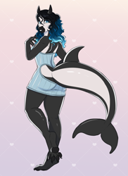 Size: 2235x3076 | Tagged: source needed, safe, artist:askbubblelee, oc, oc only, oc:imagery ocean, dolphin, dolphin pony, original species, sea pony, anthro, digitigrade anthro, anthro oc, clothes, digital art, female, high res, looking back, mare, smiling, solo, tail, tail hole