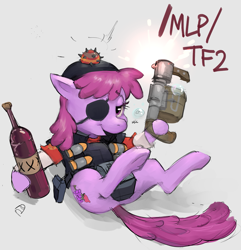Size: 2265x2352 | Tagged: safe, berry punch, berryshine, earth pony, pony, g4, /mlp/, /mlp/ tf2 general, alcohol, bubble, butt, clothes, demoberry, demoman, demoman (tf2), drunk, drunk bubbles, explosives, eyepatch, female, grenade, hiccup, high res, mare, plot, scrumpy, solo, stickybomb, stickybomb launcher, team fortress 2, text, weapon