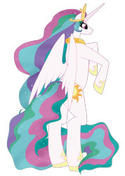 Size: 1419x1993 | Tagged: safe, artist:renainnocenti, princess celestia, alicorn, pony, g4, bipedal, female, hoof shoes, jewelry, mare, peytral, rear view, regalia, simple background, solo, spread wings, tiara, transparent background, wings