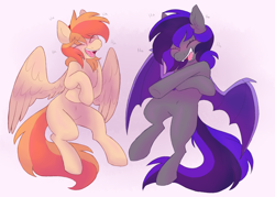 Size: 2800x2000 | Tagged: safe, artist:puppie, oc, oc only, oc:carrot spring, oc:moonshadow, bat pony, pegasus, pony, duo, flying, friendship, giggling, happy, high res, laughing, simple background