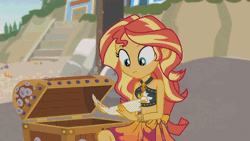 Size: 1280x720 | Tagged: safe, screencap, sunset shimmer, human, equestria girls, equestria girls series, g4, x marks the spot, animated, bare shoulders, beach, beautiful, belly button, bikini, clothes, cute, female, geode of empathy, gif, magical geodes, pointing, sarong, shimmerbetes, sleeveless, smiling, solo, stairs, summer, summer sunset, swimsuit, teal eyes, treasure chest
