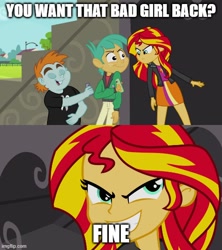 Size: 500x562 | Tagged: safe, edit, edited screencap, screencap, snails, snips, sunset shimmer, human, equestria girls, g4, my little pony equestria girls, antagonist, boots, caption, clothes, comic, evil, evil smile, female, grin, high heel boots, image macro, imgflip, jacket, legs, screencap comic, shirt, shoes, skirt, smiling, text, villainess, villainous