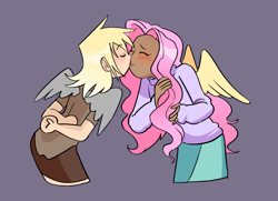 Size: 2048x1483 | Tagged: safe, artist:stevetwisp, derpy hooves, fluttershy, human, g4, blushing, clothes, dark skin, derpyshy, duo, female, human coloration, humanized, kiss on the lips, kissing, lesbian, light skin, moderate dark skin, shipping, shirt, simple background, winged humanization, wings
