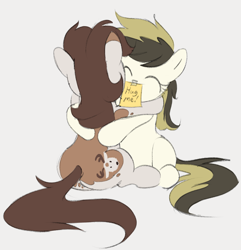 Size: 904x937 | Tagged: safe, artist:dotkwa, oc, oc only, oc:deary dots, earth pony, pony, butt, cute, duo, earth pony oc, eyes closed, female, gray background, hug, mare, plot, simple background, sitting, sticky note