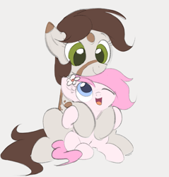 Size: 975x1022 | Tagged: safe, artist:dotkwa, oc, oc only, oc:deary dots, oc:kayla, earth pony, pony, cute, duo, earth pony oc, female, filly, flower, flower in hair, foal, gray background, hug, hug from behind, looking at each other, looking at someone, looking down, looking up, mare, ocbetes, one eye closed, open mouth, open smile, simple background, size difference, smiling