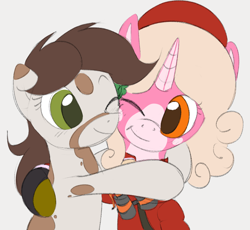 Size: 872x802 | Tagged: safe, artist:dotkwa, oc, oc only, oc:bloona blazes, oc:deary dots, earth pony, pony, unicorn, bust, clothes, duo, earth pony oc, female, gray background, grenade, horn, hug, looking at each other, looking at someone, mare, one eye closed, simple background, smiling, unicorn oc, weapon