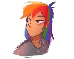 Size: 1080x866 | Tagged: safe, artist:fartyarts, artist:fartyarts_vic, artist:mlp-hearts, rainbow dash, human, g4, bust, clothes, ear piercing, humanized, industrial piercing, jewelry, necklace, piercing, portrait, shirt, simple background, solo, t-shirt, white background