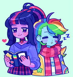 Size: 2965x3110 | Tagged: safe, artist:jademoona, artist:the_chade, rainbow dash, twilight sparkle, human, equestria girls, g4, bandaid, blue background, book, choker, clothes, duo, eyes closed, female, green background, high res, lesbian, onomatopoeia, ponytail, reading, scarf, ship:twidash, shipping, simple background, sleeping, sound effects, striped scarf, zzz