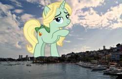 Size: 2048x1326 | Tagged: safe, anonymous editor, artist:fruft, edit, dear darling, pony, unicorn, g4, acapulco, background pony, bow, female, giant pony, giantess, hair bow, highrise ponies, irl, lidded eyes, looking at you, macro, mare, mexico, photo, ponies in real life, raised hoof, smiling, solo, tail, tail bow